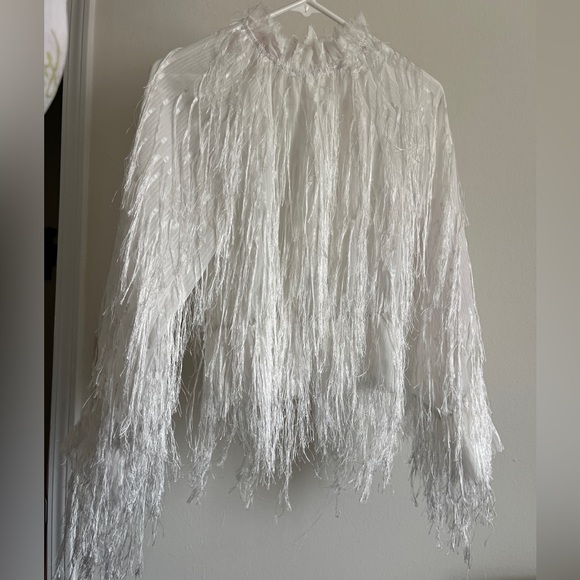 Yilibasha Tops - YILIBASHA White Fringe Sheer Blouse XS Fringe Textured Avant Garde Long Sleeve